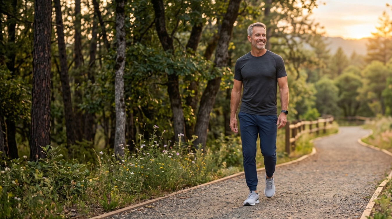 Healthy father and son walking together outdoors, fatherhood and healthy aging
