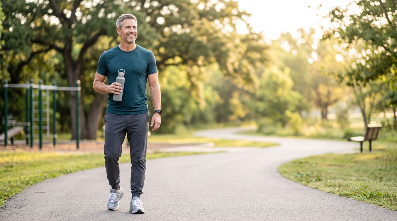 Energized man starting his day outdoors in morning light, energy support