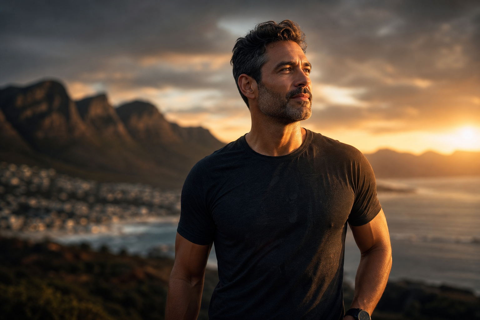 Fit, healthy man standing confidently outdoors at golden hour, active men's wellness