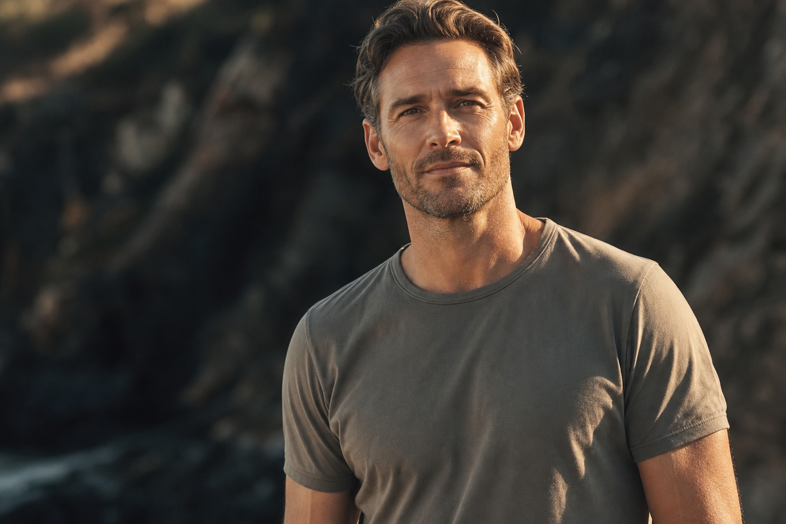 Confident, healthy man in his 40s outdoors, vital and energized