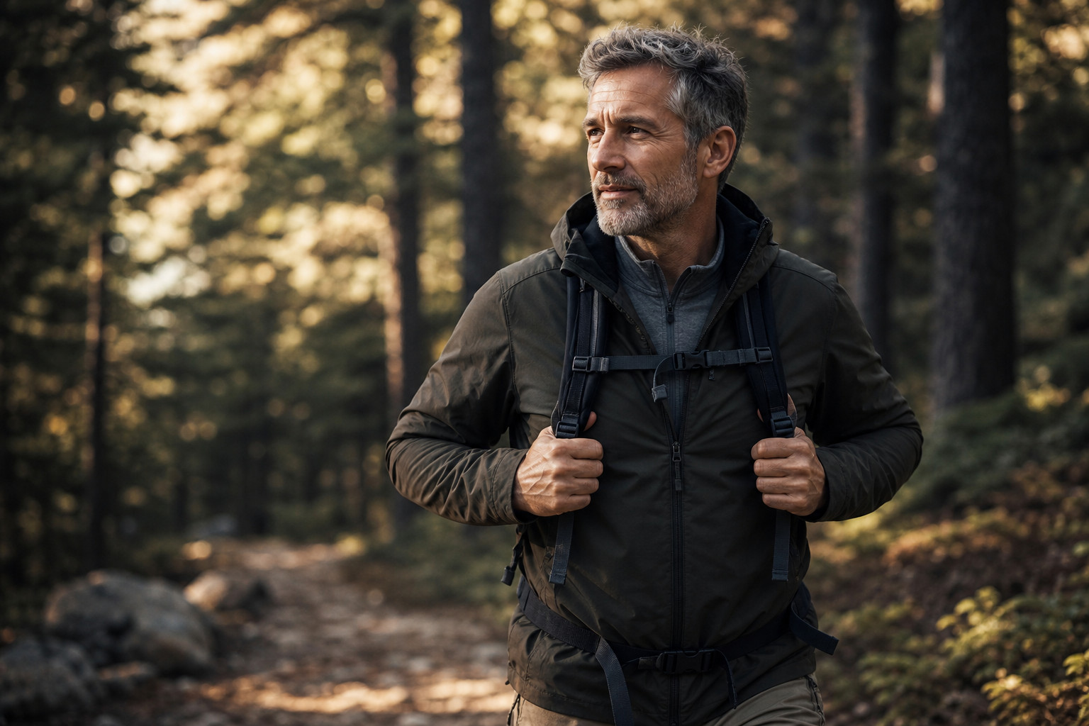 Active, healthy man in his 50s hiking an outdoor trail, vitality and healthy aging